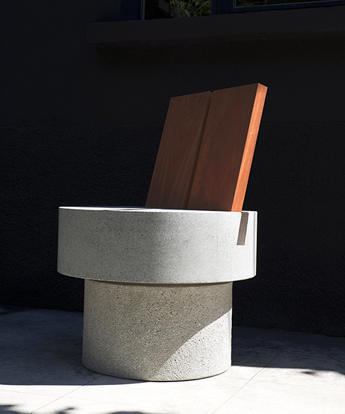 andrea tognon shapes iroko concrete chair with bold, abstract gestures