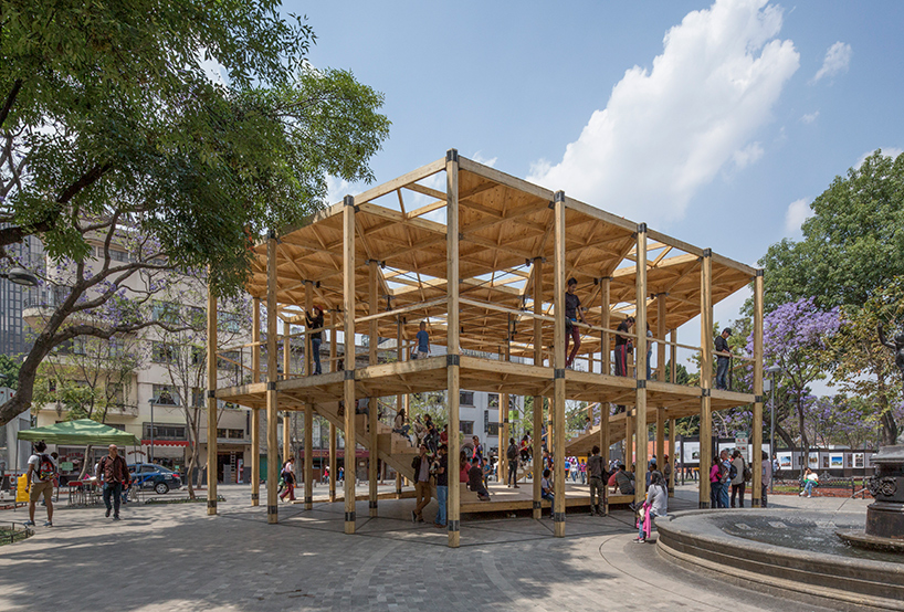 dellekamp arquitectos installs timber pavilion with triangular forms in downtown mexico city