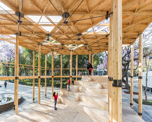 dellekamp arquitectos installs timber pavilion with triangular forms in downtown mexico city