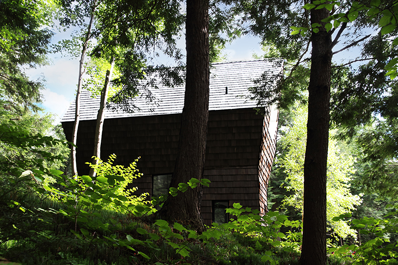 bird hut house by YH2 emerges from the trees in canadian forest