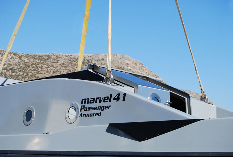 marvel 41 boat by marvel + nikos manafis is a one-off armored passenger carrier