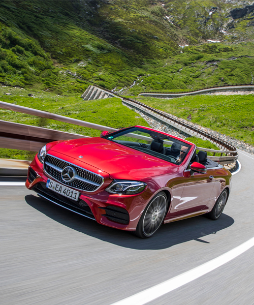 mercedes-benz E-class cabriolet driven through switzerland, france and italy