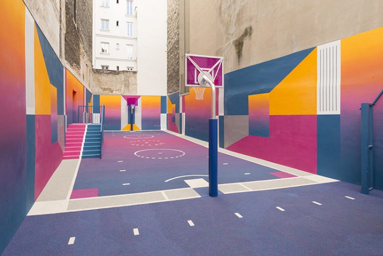 paris' pigalle basketball court canvassed in a gradient of smooth