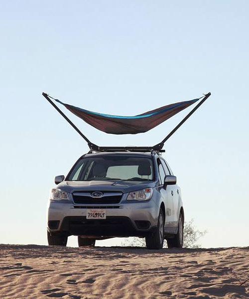 the trailnest hammock attaches to your roof bars for sleeping under the stars