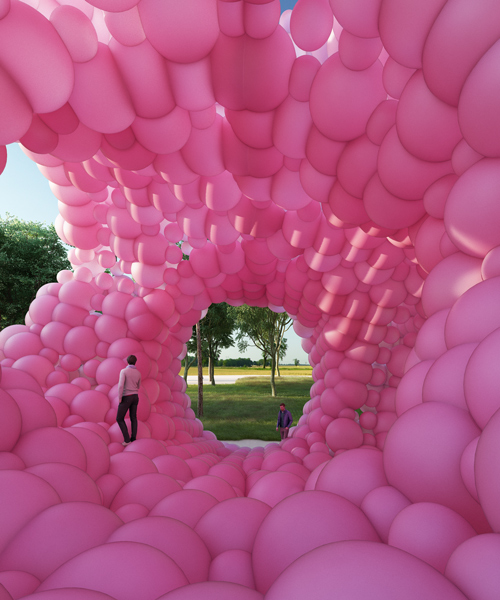 cyril lancelin imagines pyramid pavilion made from bubblegum pink balloons