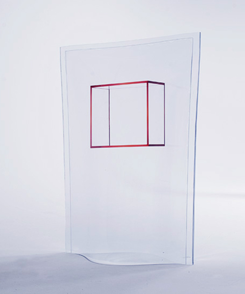 acrylic boxes and vinyl bags are combined into unusual freestanding structures