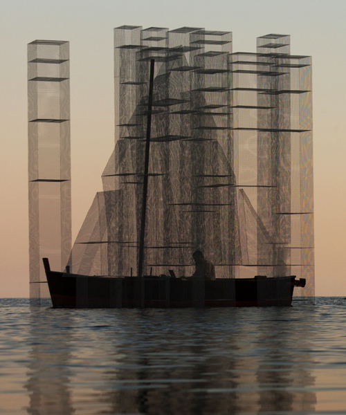 edoardo tresoldi's floating musical performance in italy sets sail on a ghostly wire mesh boat
