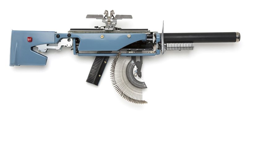 typewriter guns by eric nado play upon a war of words