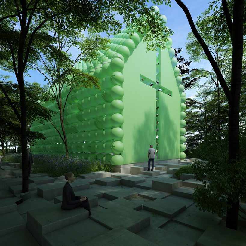 town and concrete's green chapel in the woods is made of spheres