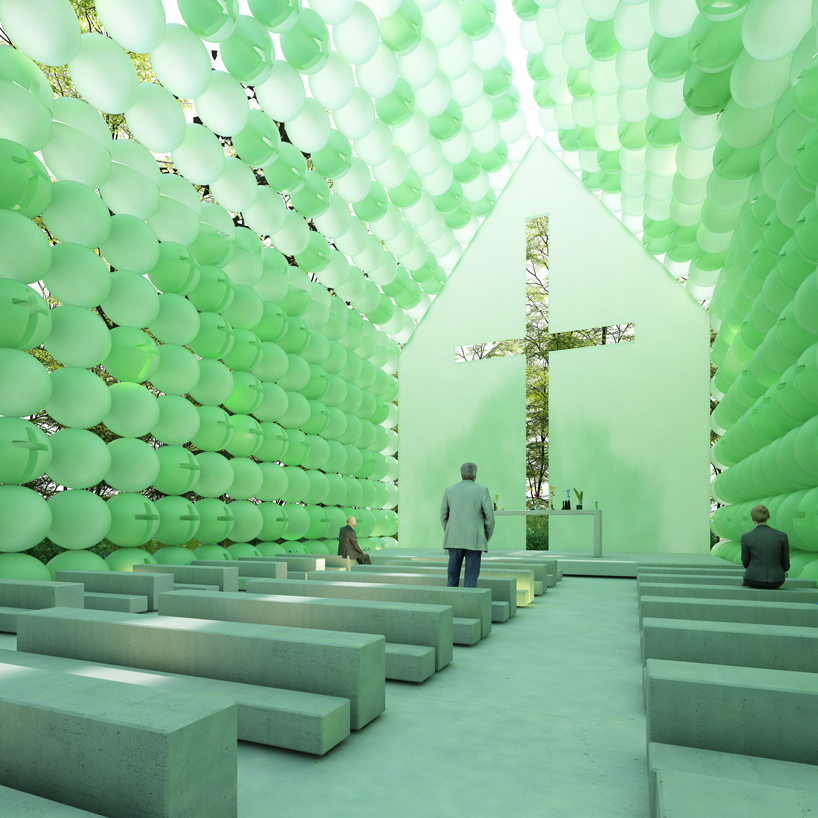 town and concrete's green chapel in the woods is made of spheres