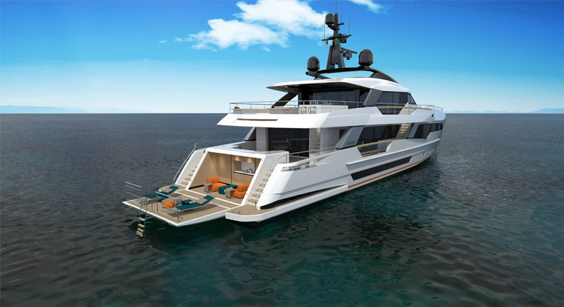 sporty-styled wider 130 yacht sails with waterside beach club