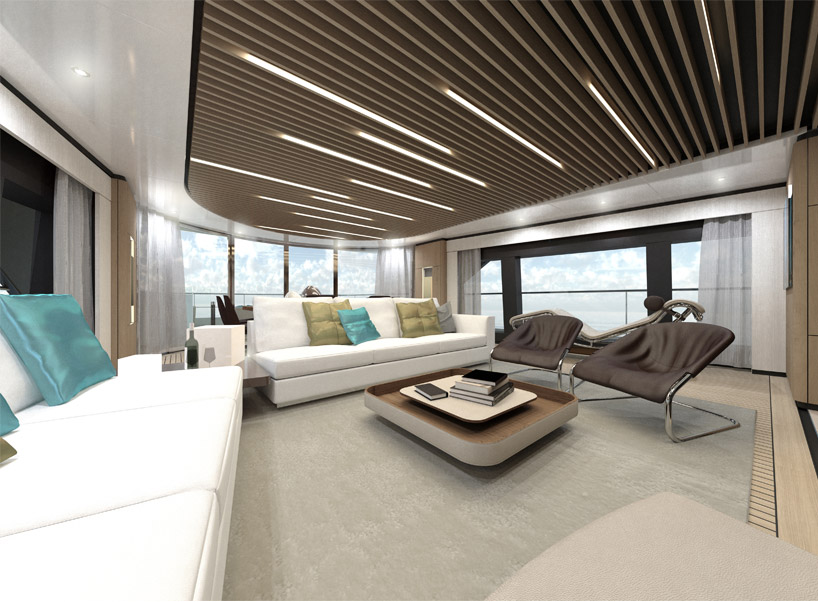 sporty-styled wider 130 yacht sails with waterside beach club