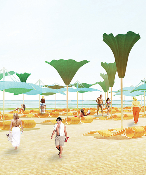kim min jae architects proposes shape-shifting flower parasols for beach dwellers