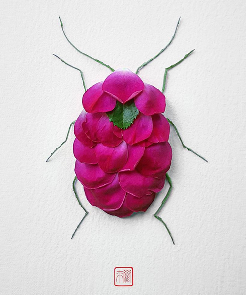 raku inoue arranges wildlife of natura insects from flowers
