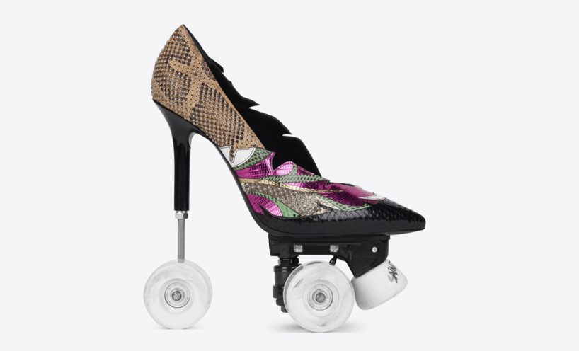 saint laurent's anya 100 patch pump roller sekering stilletos dengan rollerskates
