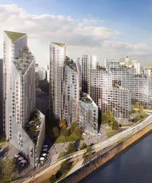 SOM envisions waterfront towers with cascading terraces for london's greenwich peninsula