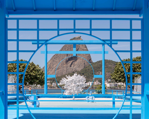 daniel arsham sets blue japanese zen garden overlooking rio's sugar loaf mountain