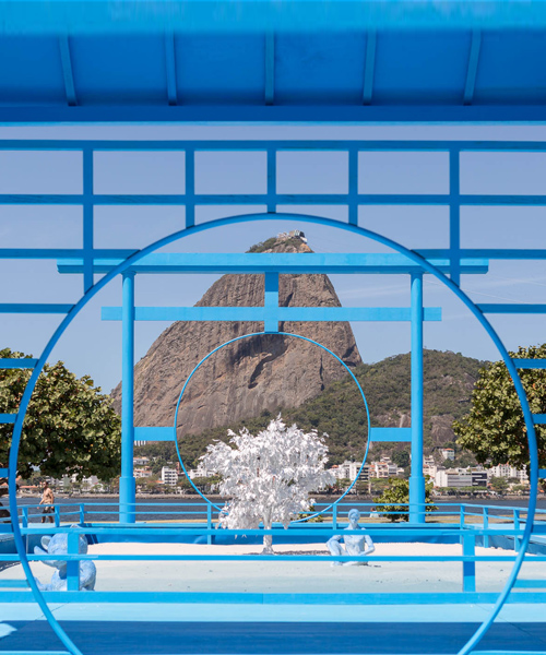 daniel arsham sets blue japanese zen garden overlooking rio's sugar loaf mountain