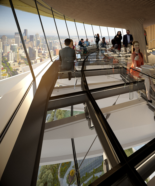 redesign of seattle space needle includes glass floors for dining experience at 500 feet