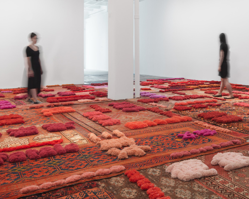 lin tianmiao weaves words about women into a carpet landscape at galerie lelong