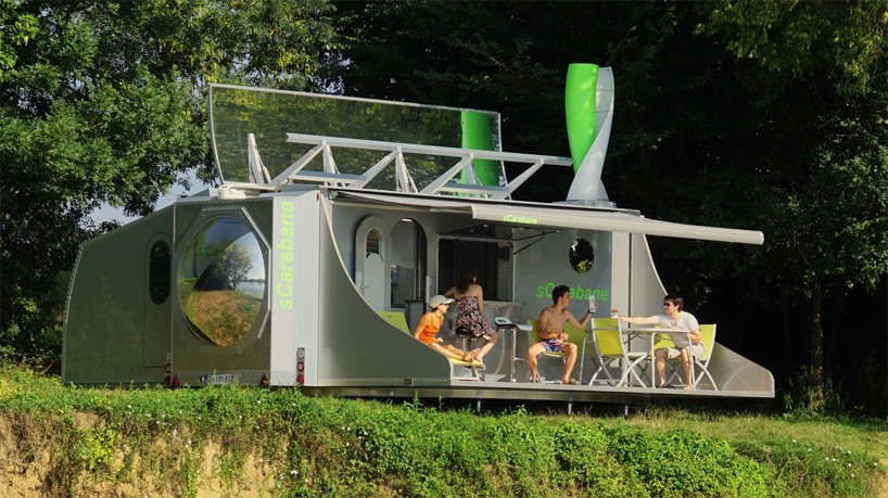 the scarabane is a self sufficient 360 degree rotating caravan