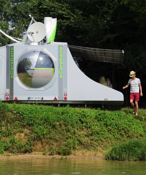 the scarabane is a self sufficient 360 degree rotating caravan