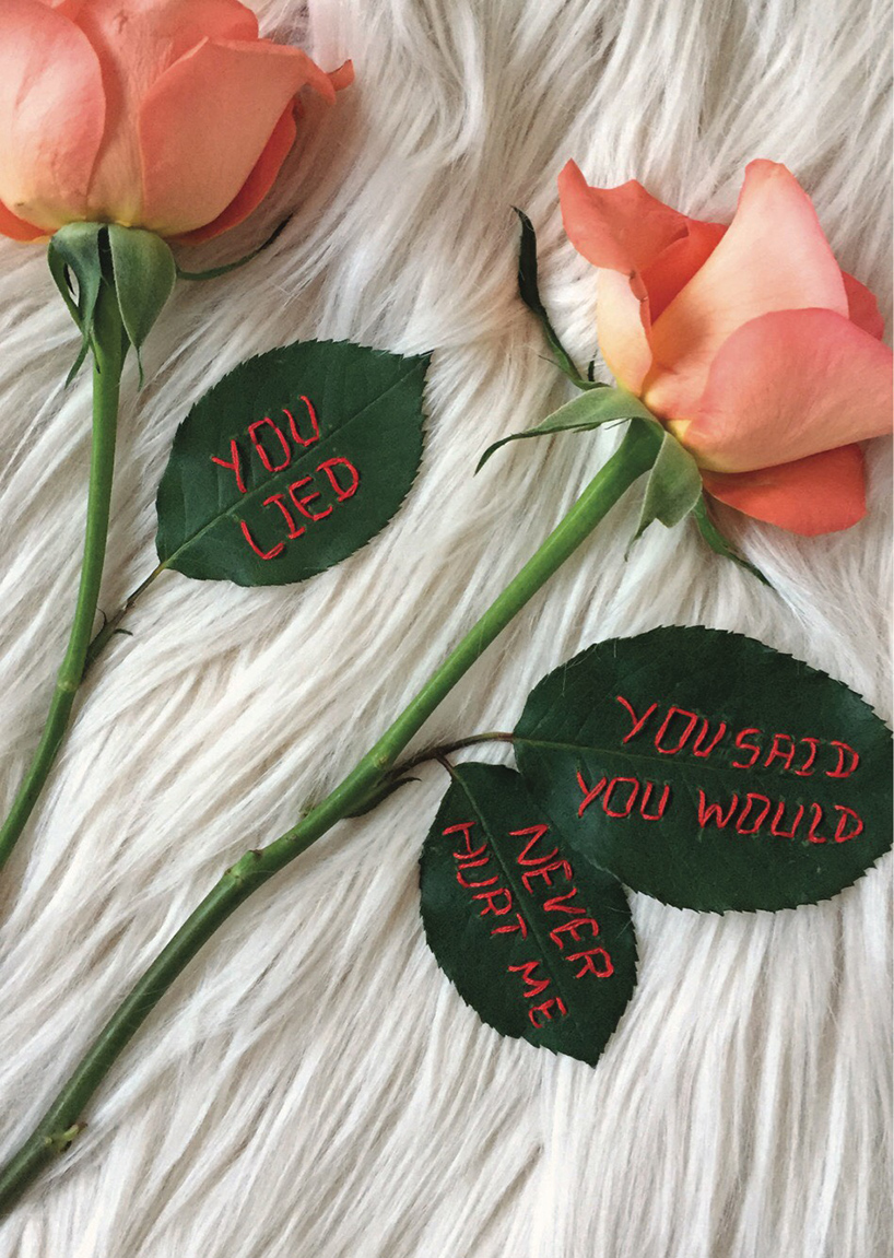 sophie king embroiders bold messages on delicate roses