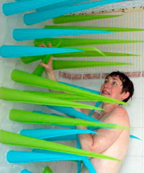 time-sensitive shower curtain spikes inflate to limit water consumption