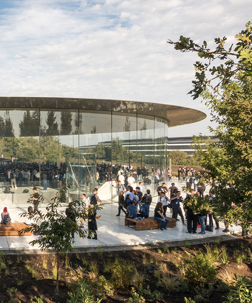 foster + partners sets world's largest carbon-fiber roof on glass cylinder for apple's theater