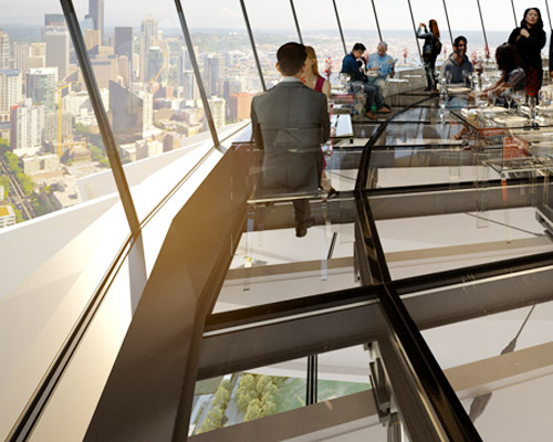 redesign of seattle space needle includes glass floors for dining experience at 500 feet