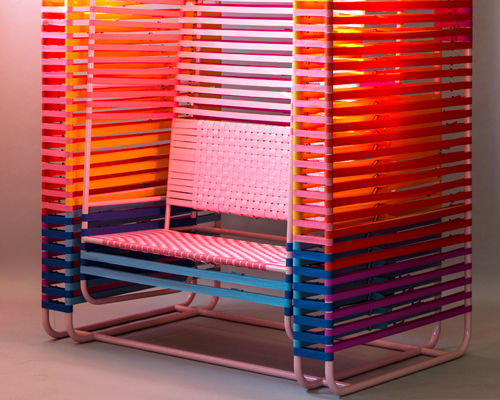kevin hviid x GANNI develop swinging chair made of 600 multi-colored nylon bands