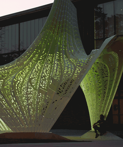 MARC FORNES / THEVERYMANY sculpts bright green hyperbolic paraboloid pavilion