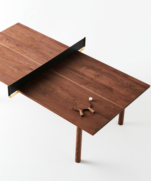 mikiya kobayashi designs a minimalist walnut, brass and leather ping pong table for masterwal