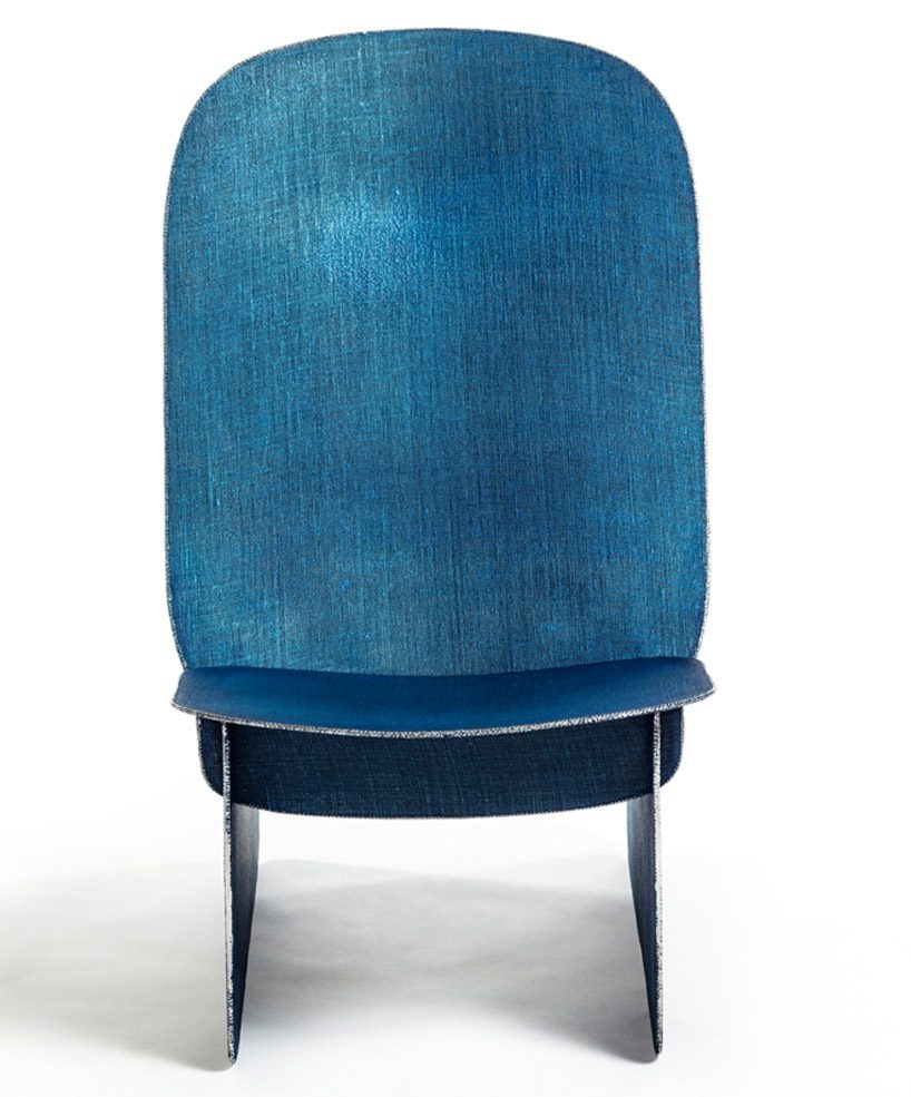 the tiss tiss chair uses a welding technique that evokes the appearance of textured denim