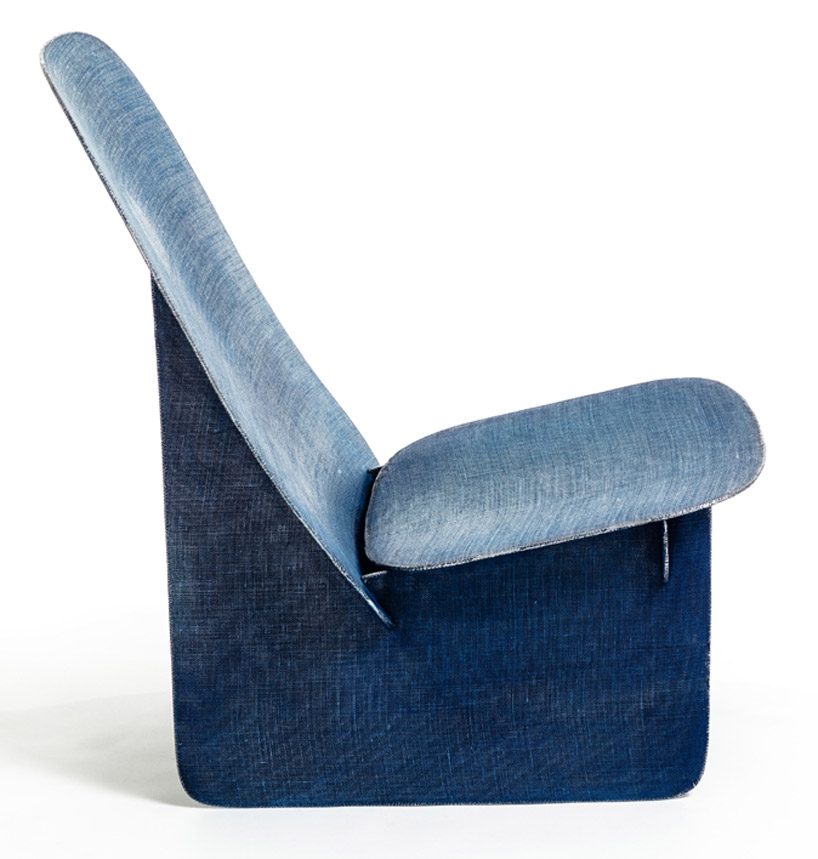 the tiss tiss chair uses a welding technique that evokes the appearance of textured denim