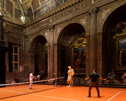 asad raza installs neon orange, interactive tennis court inside 16th century church in milan