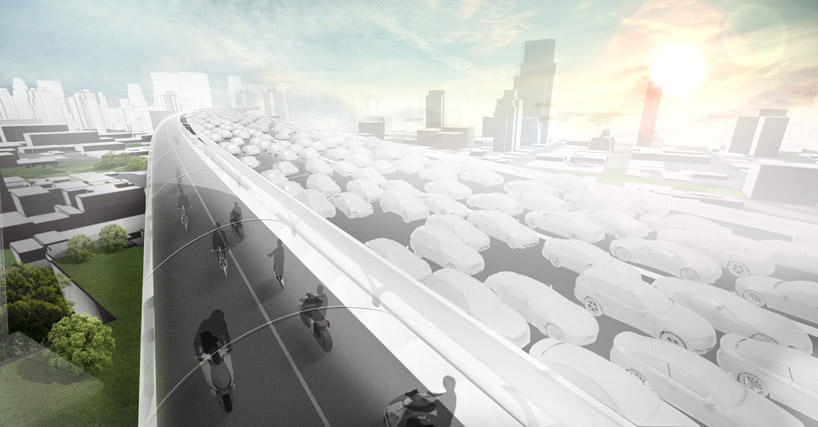 bmw vision e³ way elevated road cycleway e bikes ai designboom