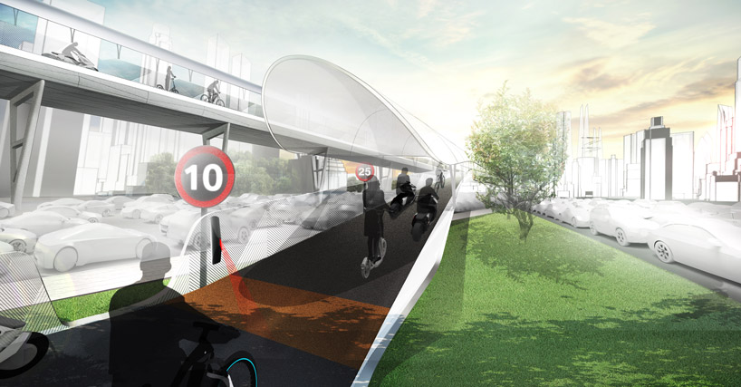 bmw vision e³ way elevated road cycleway e bikes ai designboom