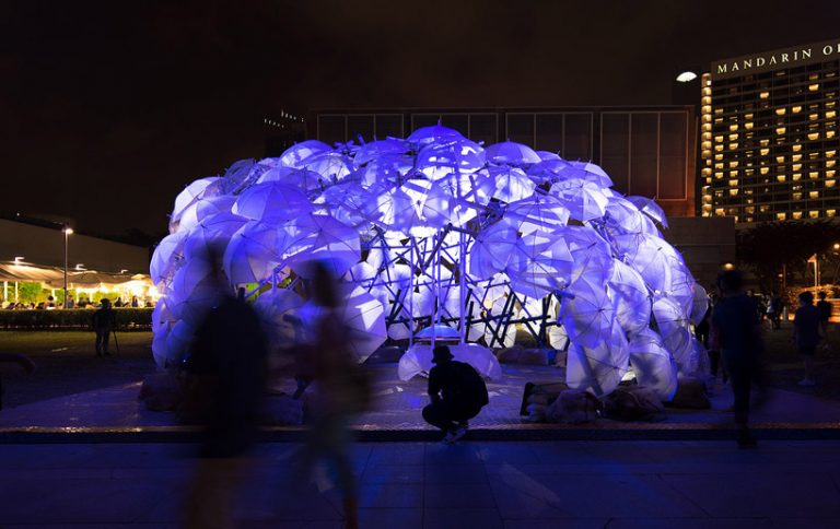 translucent umbrellas form ethereal pavilion for ilight festival 2017