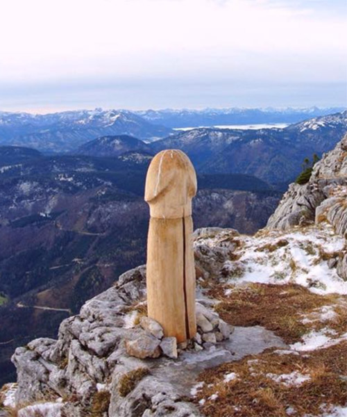 wooden penis erected atop austrian alps. the mysterious installation created big social media buzz