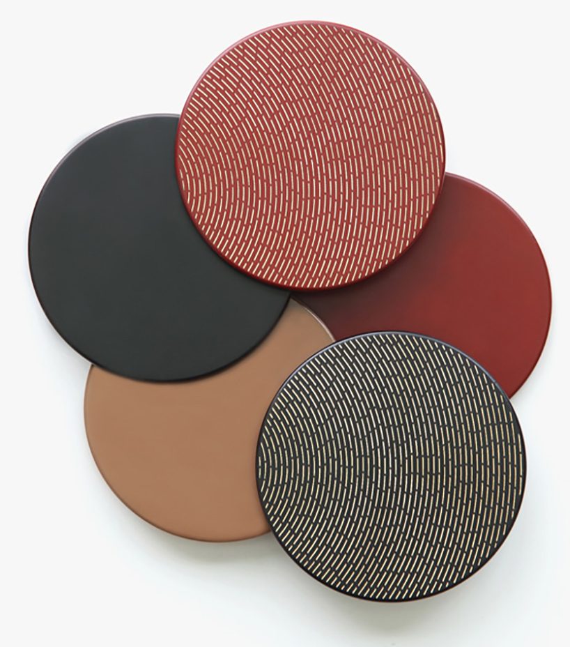 jungmo yang's tableware series uses lasers on lacquered metal to create golden details