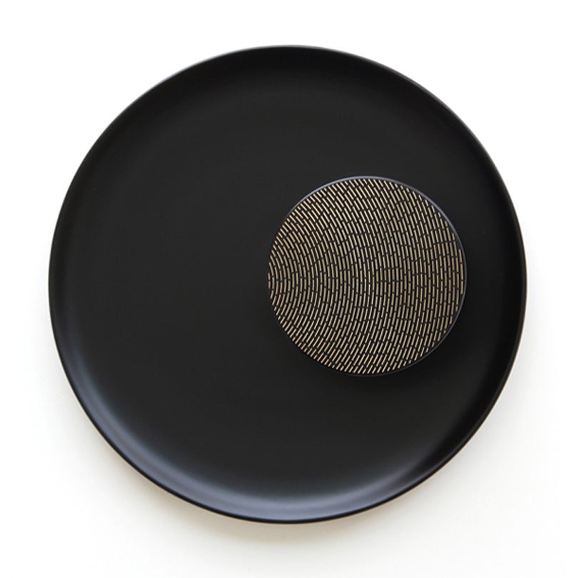 jungmo yang's tableware series uses lasers on lacquered metal to create golden details