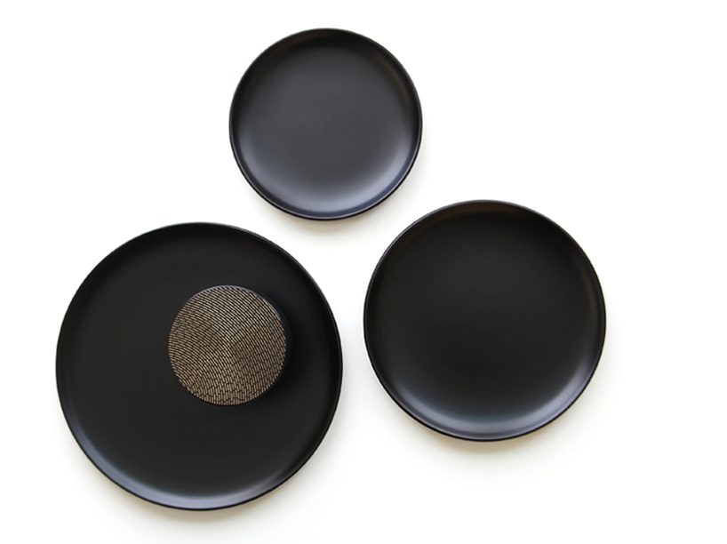 jungmo yang's tableware series uses lasers on lacquered metal to create golden details