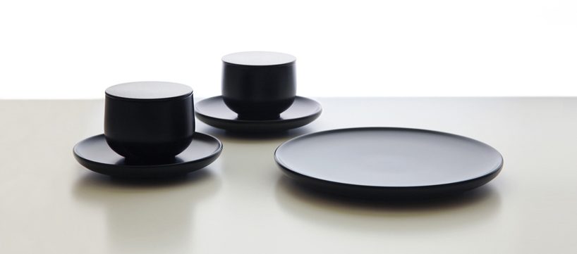 jungmo yang's tableware series uses lasers on lacquered metal to create golden details