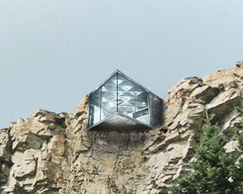 LAAV architects' concrete cantilever cabin is embedded within rocky mountains