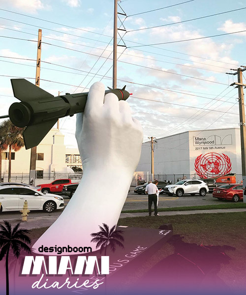 giant hand carrying missile targets the UN in lorenzo quinn’s installation in miami