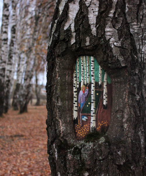 dudnikova eugene paints tiny fantastical scenes on trees