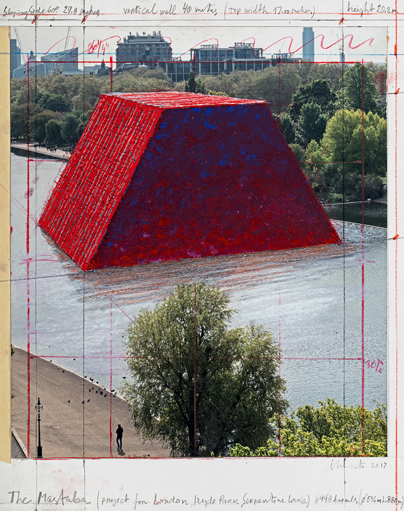 christo begins work on 20 meter-tall floating 'mastaba' in london