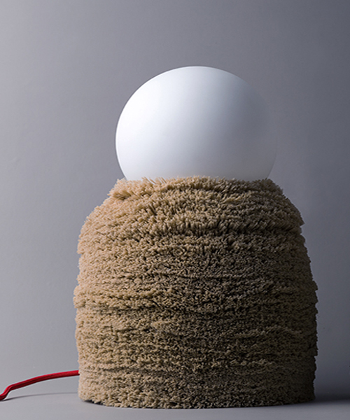 cristian mohaded continues robust ninho collection with coat-furred lamp and tables