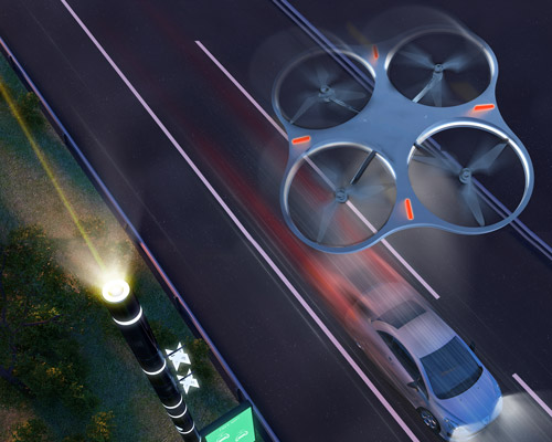 flying poles direct the drone highway + driverless car system of the future